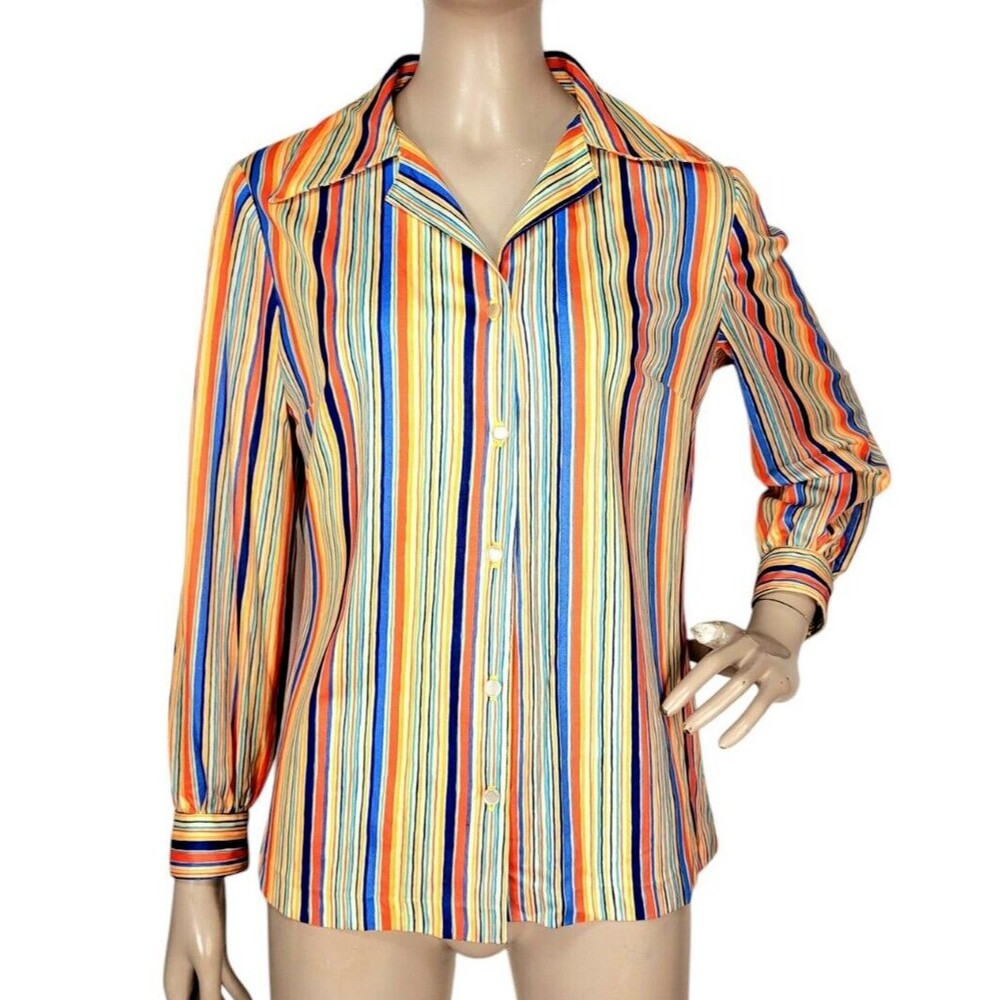Vintage 60s MOD Colorful Striped Button-Down Handmade Blouse Women's Size S/M